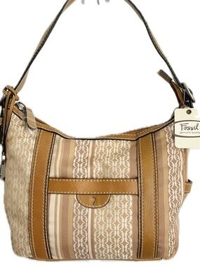 Fossil Tan and Cream Striped Logo-Print Shoulder Bag
